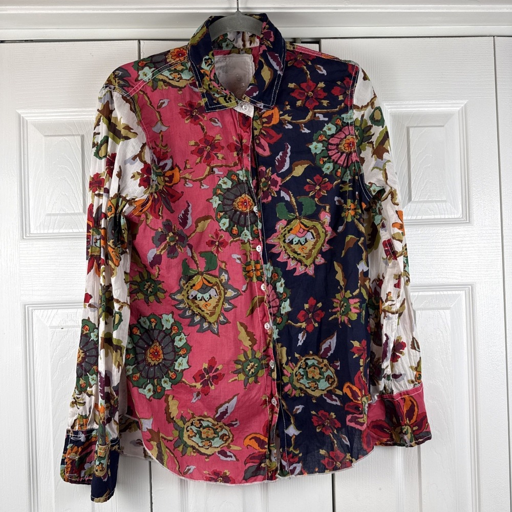 Cino Barbados Roll Tab Button Up Shirt Women Size Medium Floral  100% Cotton